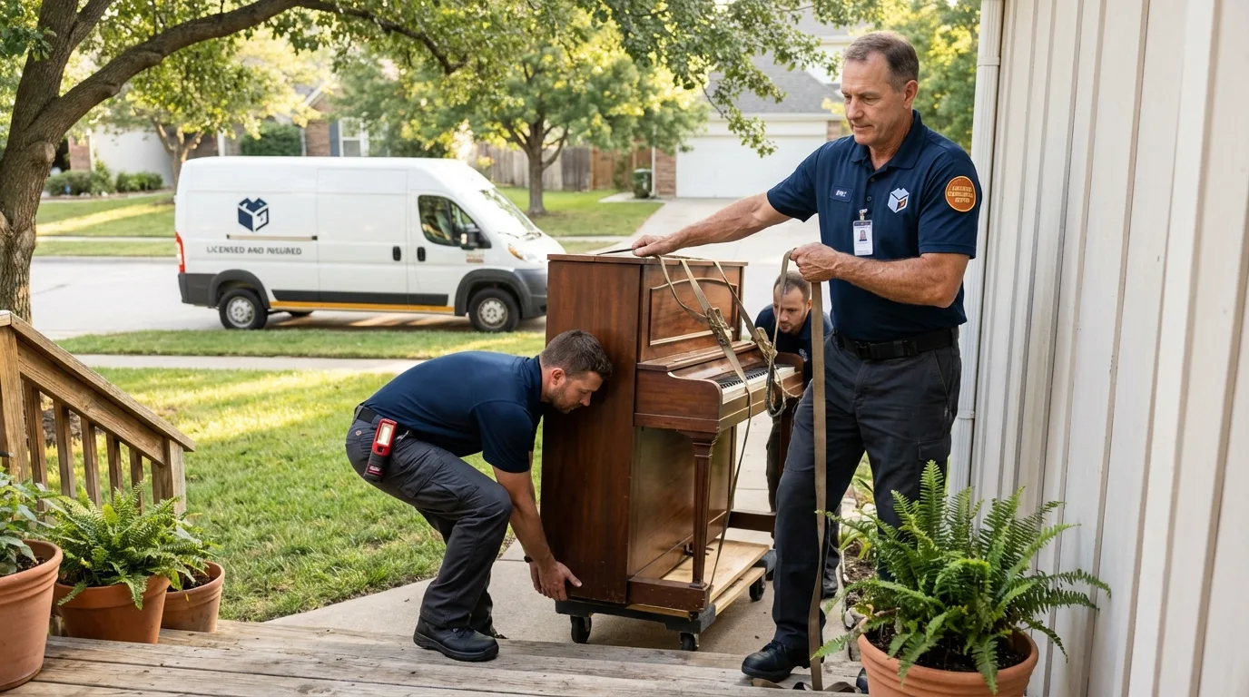 Licensed piano movers securing grand piano in Newfane, NY